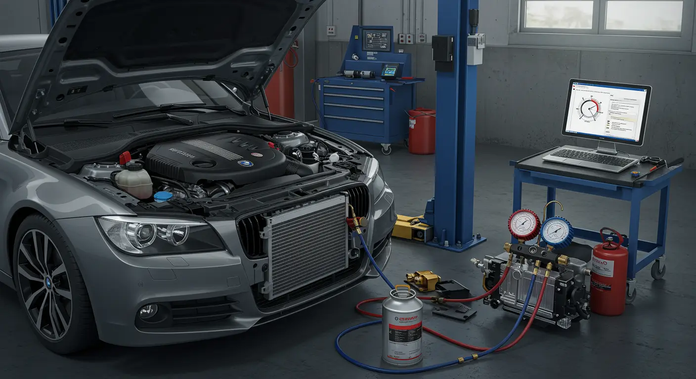 A diagnostic tool is connected to the air conditioning system of a car, demonstrating the process of recharging the A/C to ensure optimal performance.