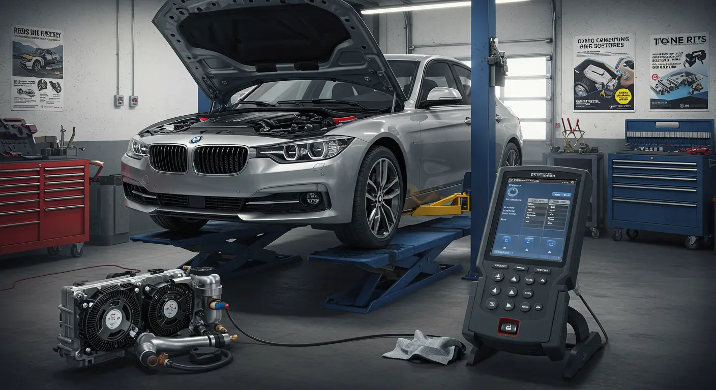 A mechanic is sitting in the driver's seat of a car, using a diagnostic tool to reset the automatic transmission system, with the car's dashboard and gear shift visible.