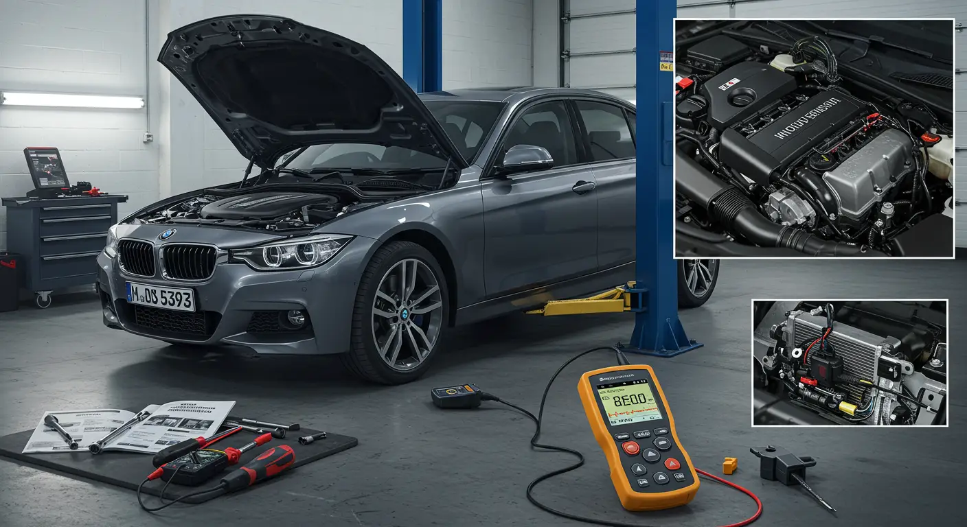 An image depicting a car engine with a highlighted knock sensor and warning icons, illustrating common symptoms of a malfunctioning knock sensor such as engine knocking, decreased fuel efficiency, and illuminated check engine light, with text in Romanian explaining how to diagnose and repair the issue.