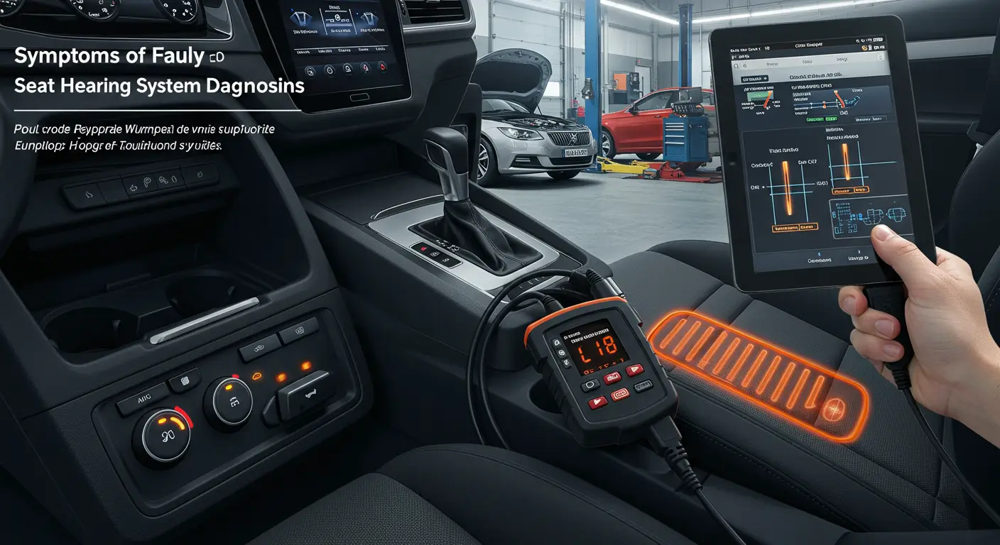 An image displaying a car interior with a focus on the seat heating controls, illustrating possible symptoms of a faulty seat heating system, such as uneven heating or non-responsive buttons, accompanied by a Romanian troubleshooting guide.