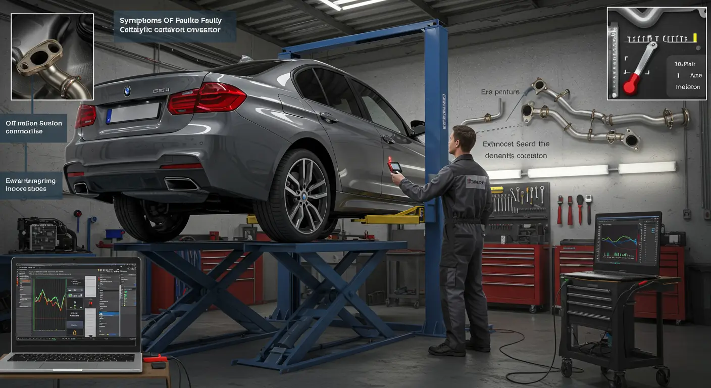 An image displaying a mechanic inspecting a car's catalytic converter with a checklist of symptoms like reduced engine performance and unusual exhaust odors, accompanied by text in Romanian about identifying and fixing catalytic converter issues.