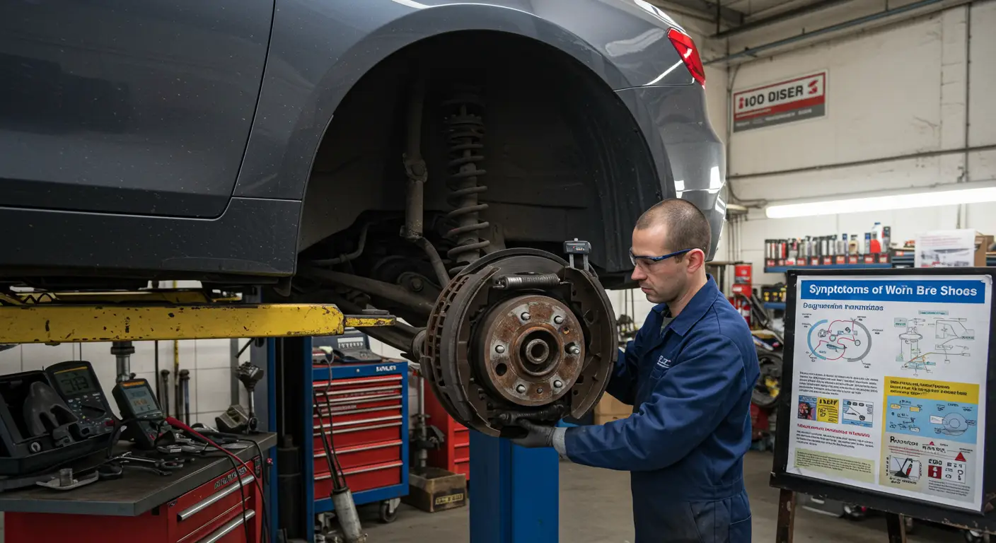 An image illustrating a guide on diagnosing and replacing worn brake shoes, featuring diagrams of brake components and signs of wear, accompanied by Romanian text explaining symptoms and steps for replacement.