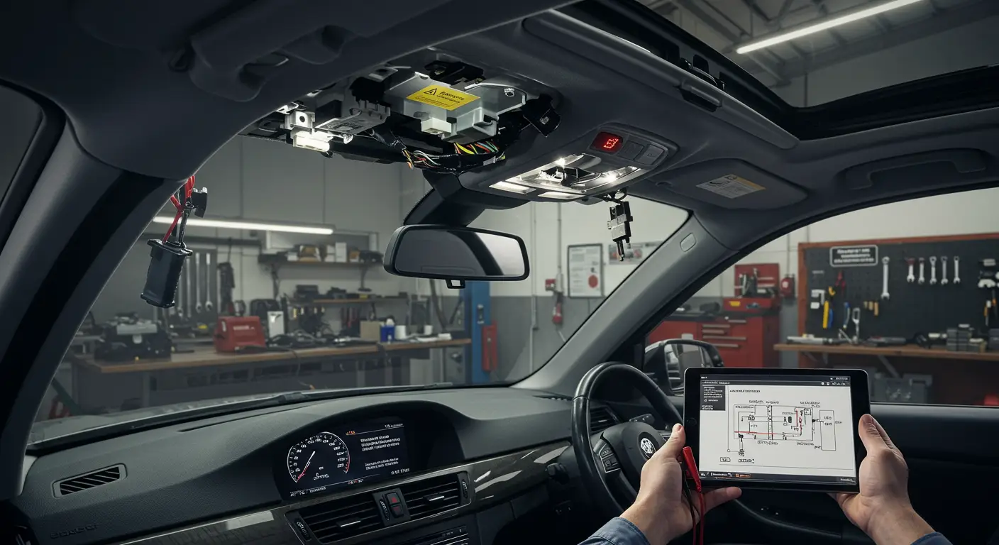 An image showing a car's sunroof partially open, with tools and a multimeter nearby, illustrating troubleshooting steps for diagnosing a faulty sunroof motor.