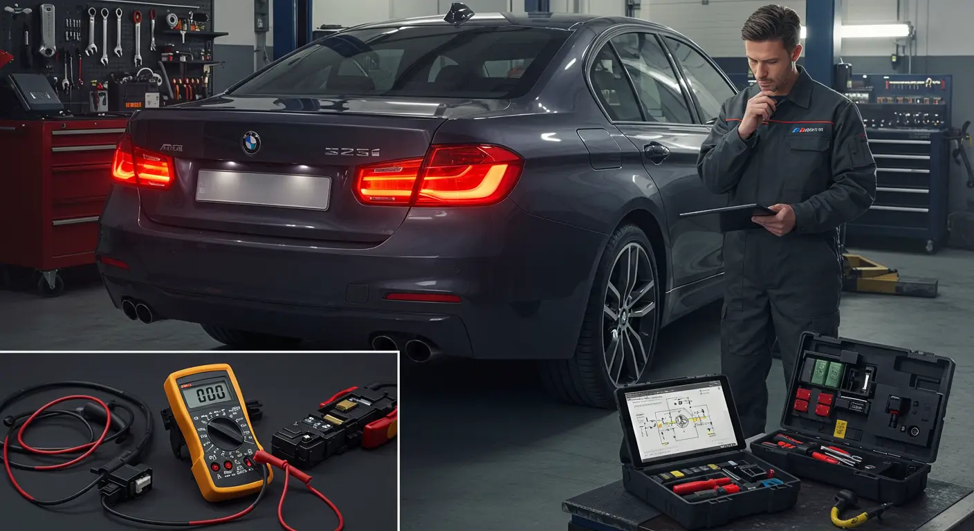 An image showing a close-up of a car's rear tail lights with one light not functioning, accompanied by a Romanian troubleshooting guide on steps to identify and fix issues with non-working tail lights.