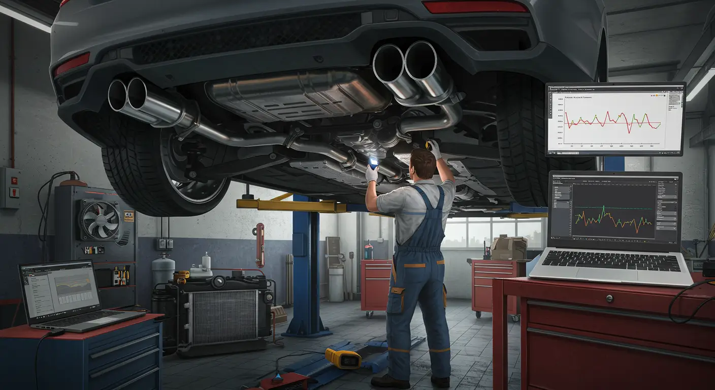An image showing a mechanic inspecting a car's exhaust system for issues with the catalytic converter, with text overlay in Romanian discussing symptoms of a faulty catalytic converter and steps for troubleshooting and repair.