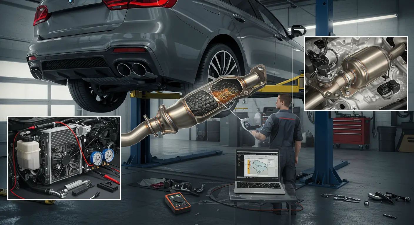 An image showing a mechanic inspecting a car's exhaust system to diagnose a clogged catalytic converter, with text in Romanian offering tips on identification and repair.