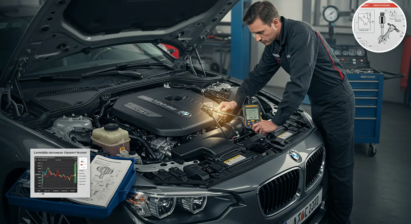 An image showing a mechanic inspecting a car's lambda sensor under the hood, with tools laid out nearby, illustrating common issues and repair techniques for identifying and fixing lambda sensor problems.