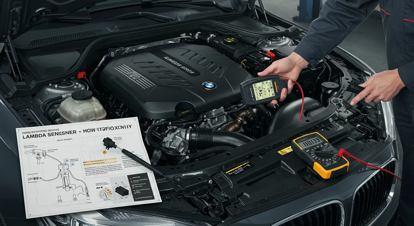 An image showing a mechanic inspecting a car's lambda sensor with a digital multimeter, highlighting the process of identifying and fixing lambda sensor issues in automotive systems. Text overlay in Romanian: