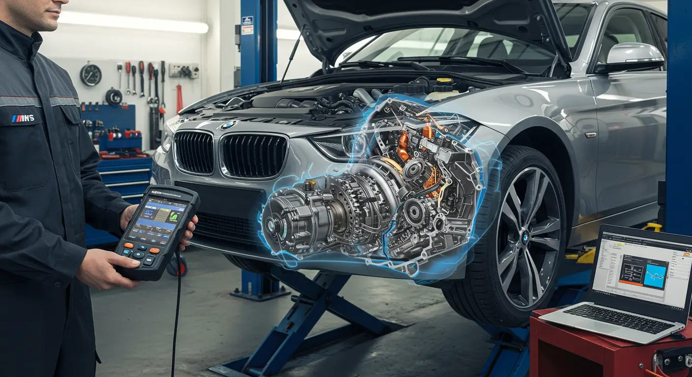 An image showing a mechanic using a diagnostic tool to reset the automatic transmission system of a car in a garage setting, with tools and equipment visible in the background.