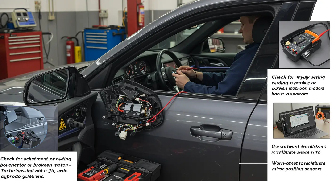 An image showing a person adjusting a side mirror on a car, illustrating common issues with mirror positioning and alignment, with Romanian text overlay discussing causes and repair methods.
