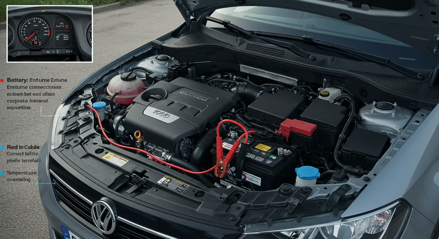 An image showing a person demonstrating how to safely jump-start a car, with jumper cables connecting a working car's battery to a stalled car's battery, set against a backdrop of a residential street in Romania.