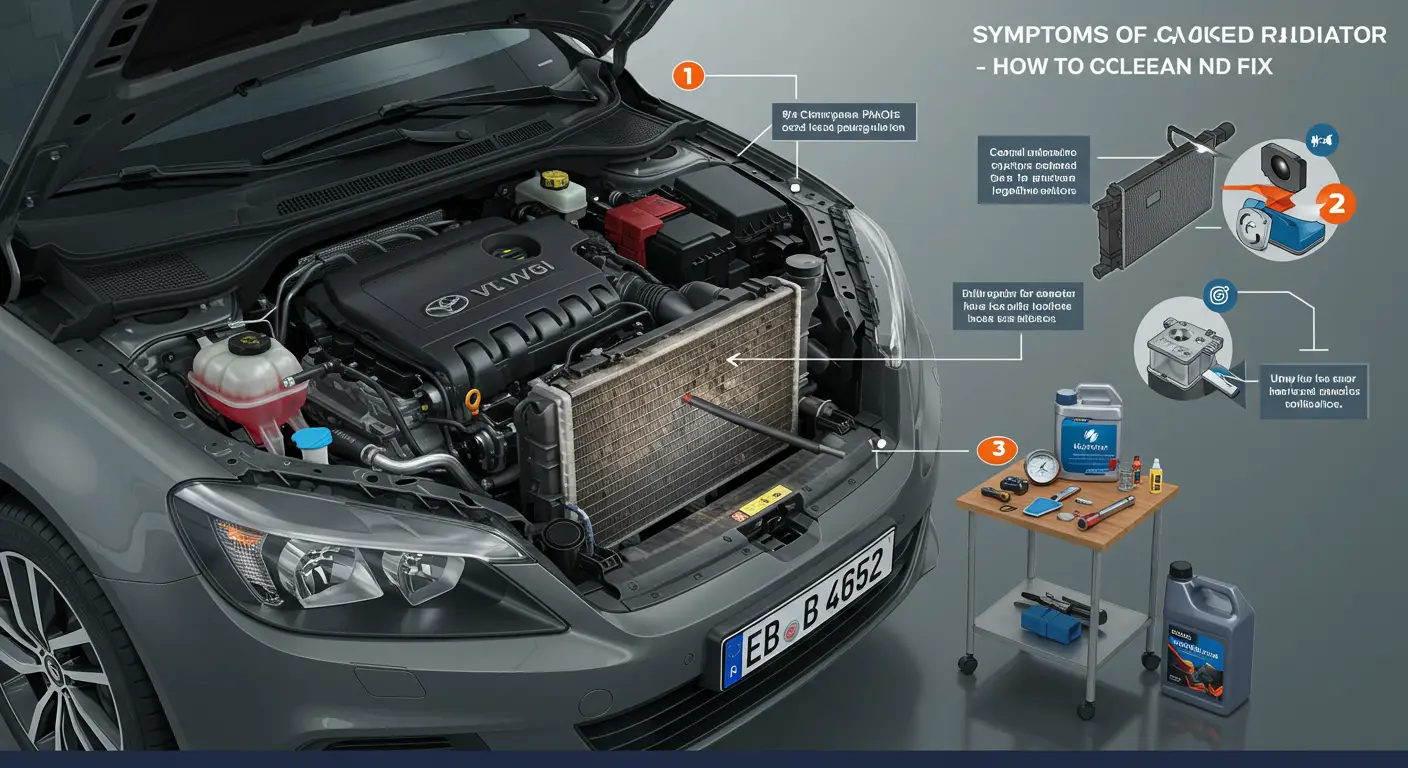 An infographic illustrating the symptoms of a clogged radiator, such as engine overheating and coolant leaks, along with steps for cleaning and fixing it, presented in Romanian.