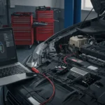 Descriere imagine: Diagnosticul și repararea problemelor senzoriale intermitente auto, cauzate de conexiuni slabe sau senzori defecți. Automobilistică.