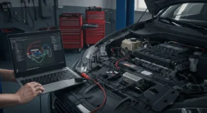 Descriere imagine: Diagnosticul și repararea problemelor senzoriale intermitente auto, cauzate de conexiuni slabe sau senzori defecți. Automobilistică.