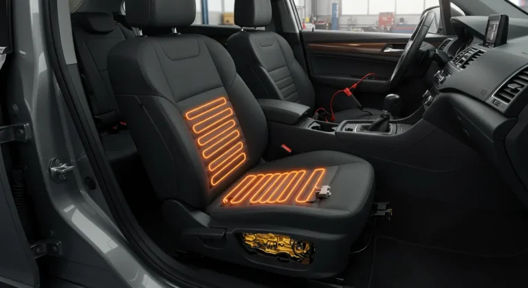 Descriere imagine: Probleme comune scaun încălzit auto: defecțiuni cablaj, siguranțe arse, comutator defect. Soluții: verificare cablaj, înlocuire siguranțe, reparare comutator.