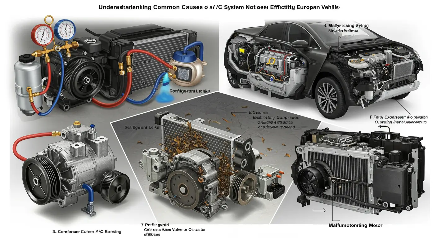 Cauzele frecvente ale eficienței reduse a sistemului de climatizare auto includ scurgeri de agent frigorific, compresor defect, filtre de aer înfundate sau probleme electrice.