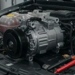 Compresor A/C auto zgomotos: cauze, soluții; diagnosticare eficientă. Imaginea prezintă un mecanic inspectând un compresor cu un stetoscop.