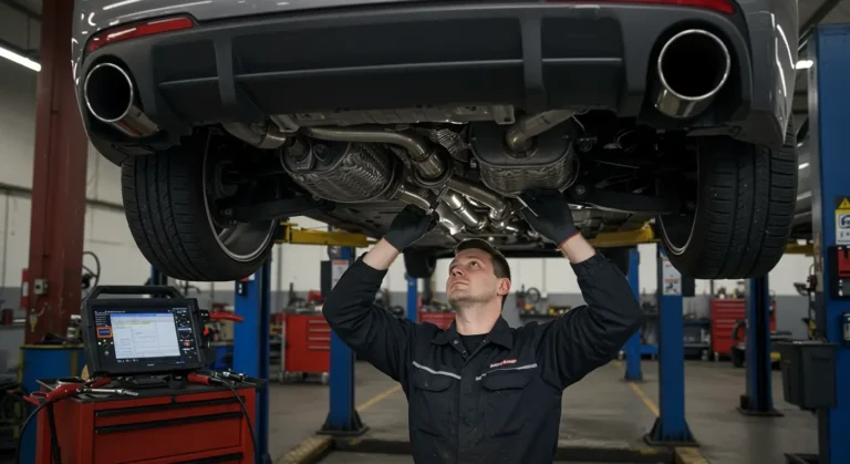 Diagnosticul și repararea unei țevi flexibile de eșapament defecte, proceduri detaliate, unelte necesare, pași vizuali, atelier auto, expertiză mecanică.
