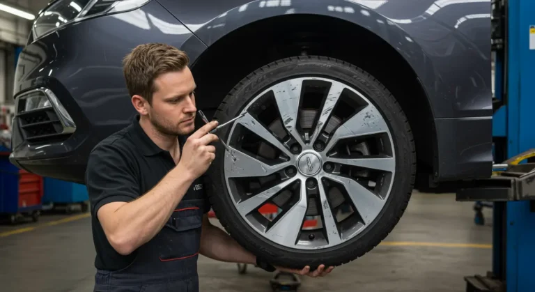 Imagine cu roată de mașină: Ghid pentru recunoașterea și repararea jantei deformate. Pași esențiali pentru siguranță auto.