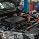 Ghid pas cu pas pentru pornirea în siguranță a mașinii cu cabluri. Imagine cu cabluri conectate la baterii auto.