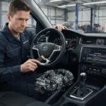 Resetare transmisie automată, vehicul parcat, motor oprit, pași procedură, tehnician auto, bord mașină, unelte mecanic, siguranță, întreținere vehicul.