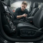 Imaginează-ți un mecanic diagnosticând și reparând problemele funcției de memorie a scaunului unui automobil, utilizând unelte specializate și un tester electronic.