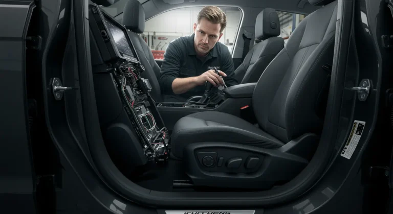 Imaginează-ți un mecanic diagnosticând și reparând problemele funcției de memorie a scaunului unui automobil, utilizând unelte specializate și un tester electronic.