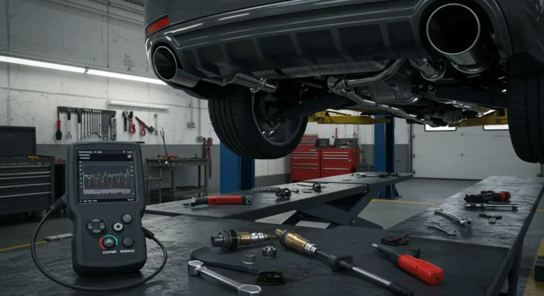 Un mecanic auto verifică și înlocuiește un senzor de oxigen (O2) la un vehicul. (Automotive-Oxygen-Sensor-Replacement-Romanian)