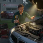 Image depicts a car with a drained battery at night; solutions in Romanian text offer troubleshooting tips. Image name: "Car-Battery-Dying-Overnight-Solutions-Romanian"