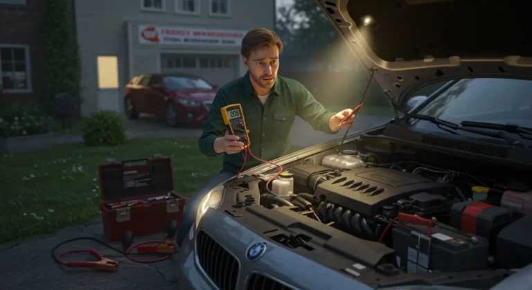 Image depicts a car with a drained battery at night; solutions in Romanian text offer troubleshooting tips. Image name: "Car-Battery-Dying-Overnight-Solutions-Romanian"