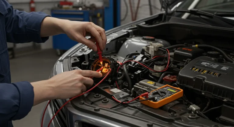 Descriere imagine: Diagnosticare comutator far defect - simptome și înlocuire auto. Imagine vehicul cu faruri și comutator defect.