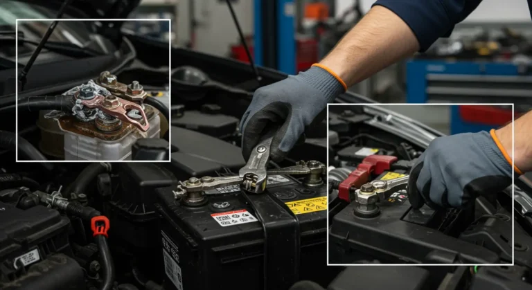 Diagnostic și reparare conexiuni slabe la bornele bateriei auto. Verificare coroziune, curățare și strângere pentru performanță optimă.