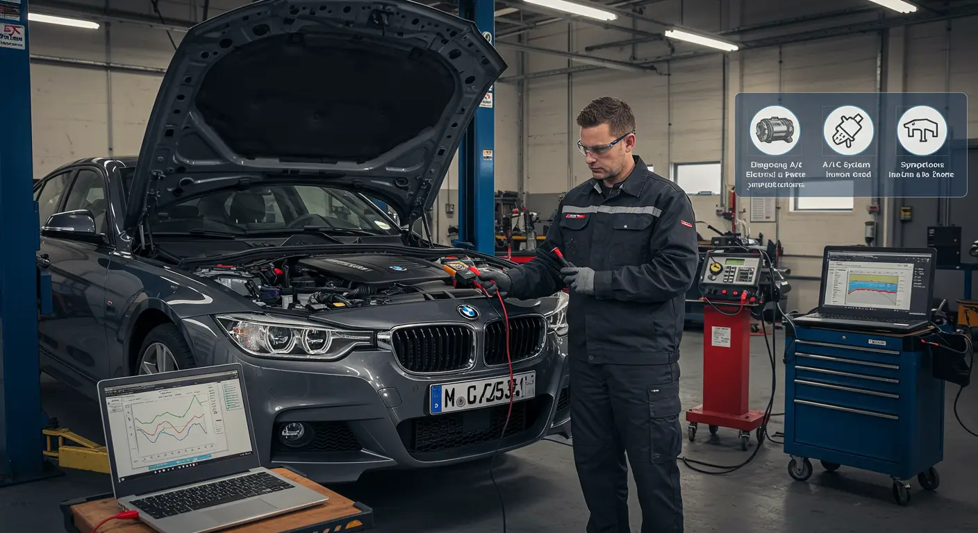 Diagnosticul problemelor electrice ale sistemului de aer condiționat auto implică identificarea simptomelor precum ventilatoare nefuncționale sau răcire insuficientă și oferirea de soluții precum verificarea siguranțelor, a releelor și a nivelului de încărcare al sistemului.