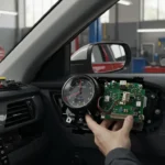 Imagine: Diagnosticul și repararea unui ceas auto defect. Un mecanic examinează detalii electrice în bordul unei mașini.