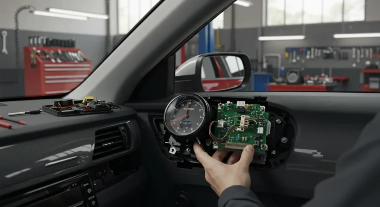 Imagine: Diagnosticul și repararea unui ceas auto defect. Un mecanic examinează detalii electrice în bordul unei mașini.