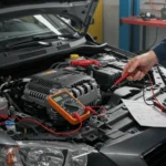 Un bărbat testează alternatorul mașinii cu un multimetru sub capotă, urmând un ghid DIY pentru diagnostic auto.