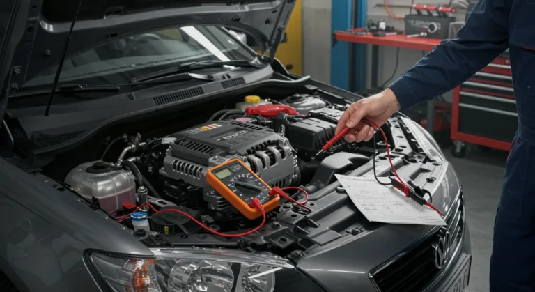 Un bărbat testează alternatorul mașinii cu un multimetru sub capotă, urmând un ghid DIY pentru diagnostic auto.
