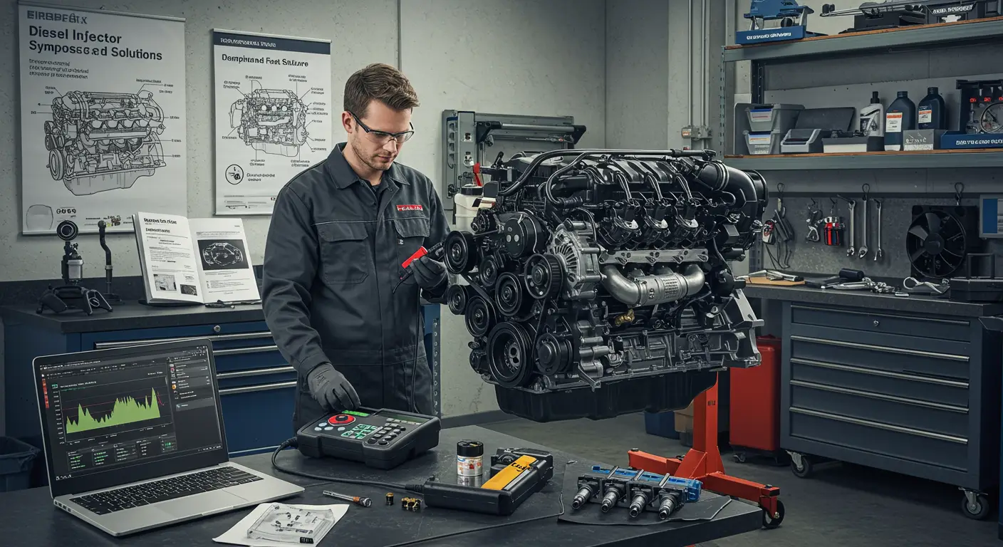 Ilustrație care afișează un mecanic verificând un motor diesel cu un injector defect, evidențiind simptomele precum scăderea performanței motorului și fum excesiv, alături de un tabel cu soluții posibile pentru remedierea problemelor.