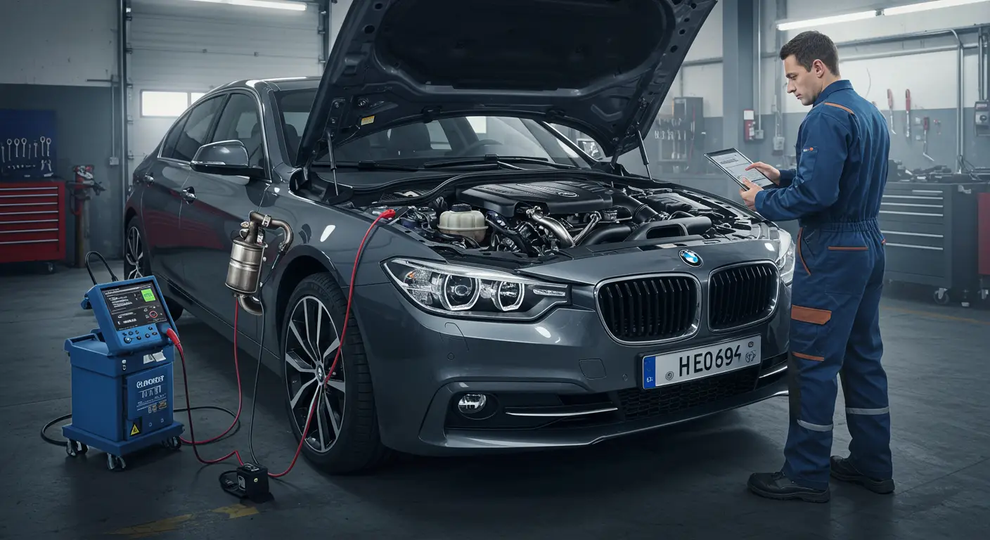 Image of a mechanic inspecting a car's exhaust system in a garage, highlighting common reasons for failing an emission test, such as faulty oxygen sensors and worn-out catalytic converters, with a checklist of tips for passing the test in the background.