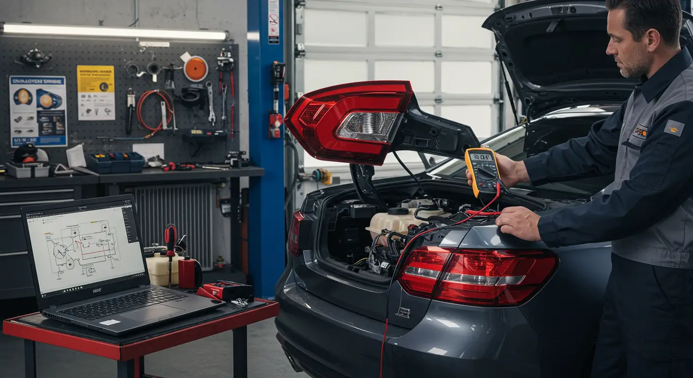 Image showing a close-up of a car's tail lights with one light not illuminated, featuring tools like a screwdriver and multimeter nearby, illustrating a troubleshooting and repair guide for tail lights not functioning properly, with text in Romanian.