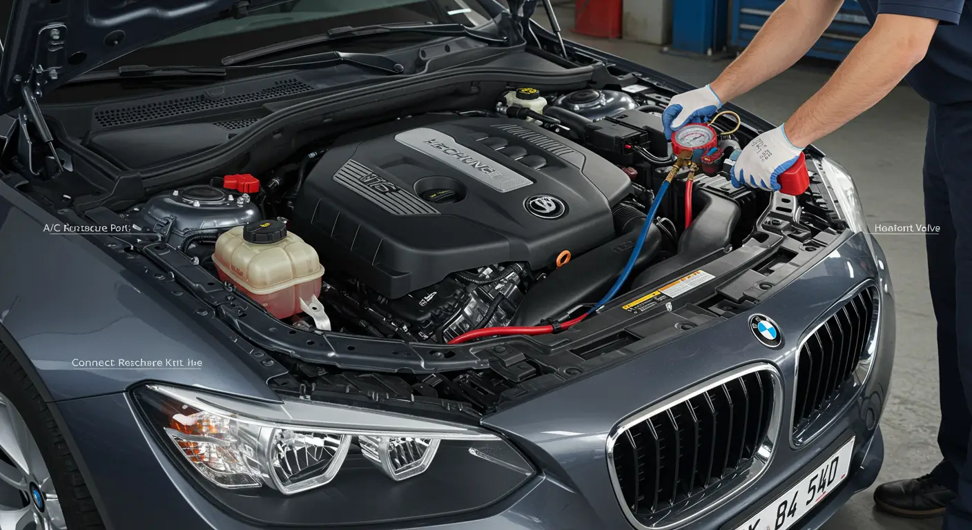 Image showing a person connecting a refrigerant canister to the low-pressure service port of a car's air conditioning system, demonstrating a step-by-step process for recharging the A/C, with instructions in Romanian.