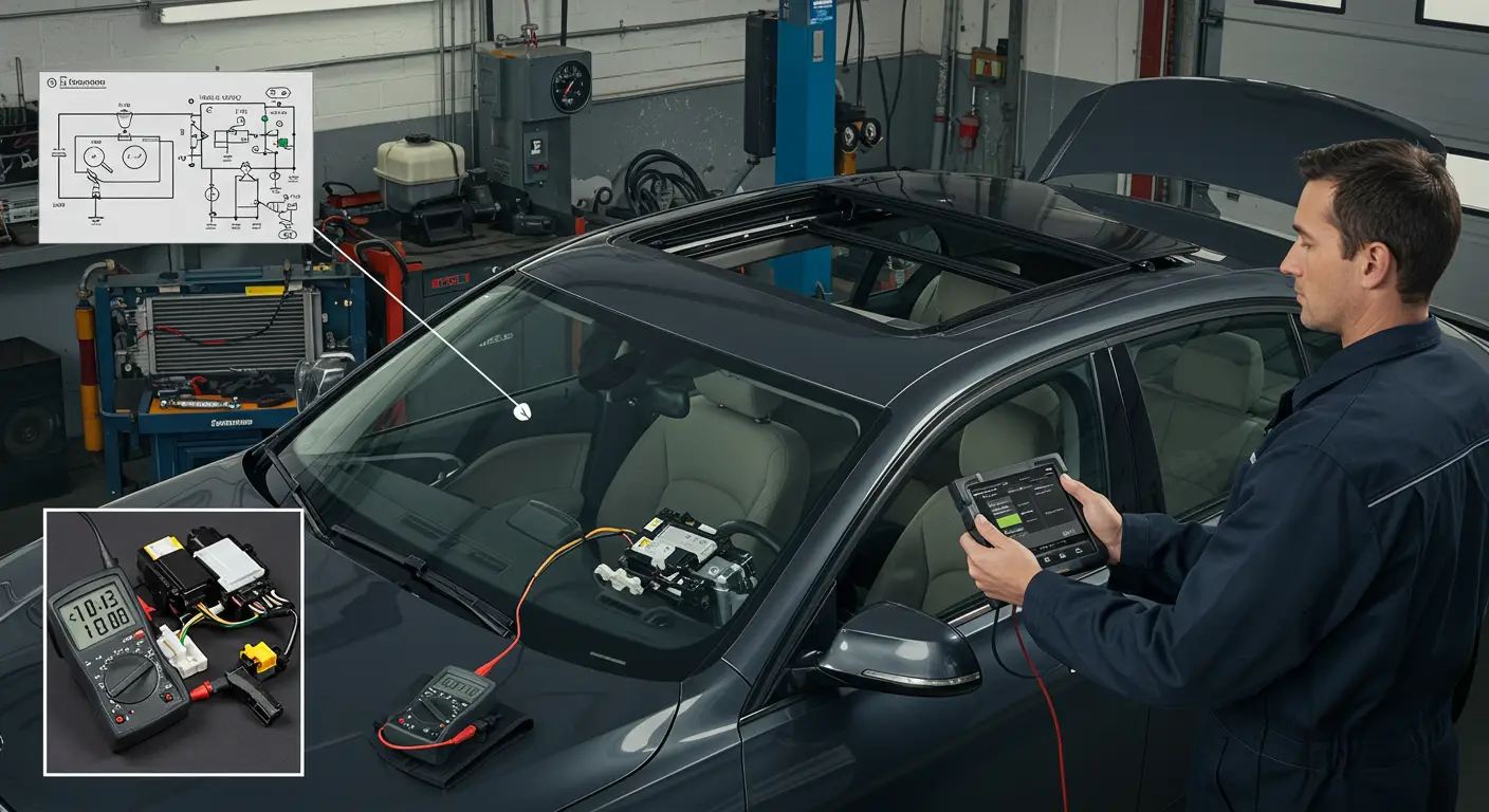 Imagine care arată un mecanic auto în timp ce inspectează și repară un plafon panoramic de mașină, ilustrând pașii pentru diagnosticarea și remedierea defecțiunilor specifice ale acestuia.