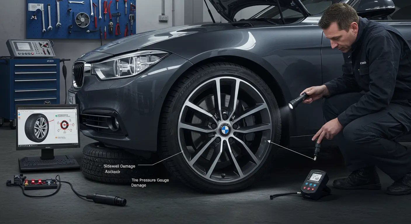 Imagine care arată un mecanic auto inspectând cu atenție peretele lateral al unei anvelope, căutând semne de deteriorare pentru a decide asupra reparării sau înlocuirii acesteia.