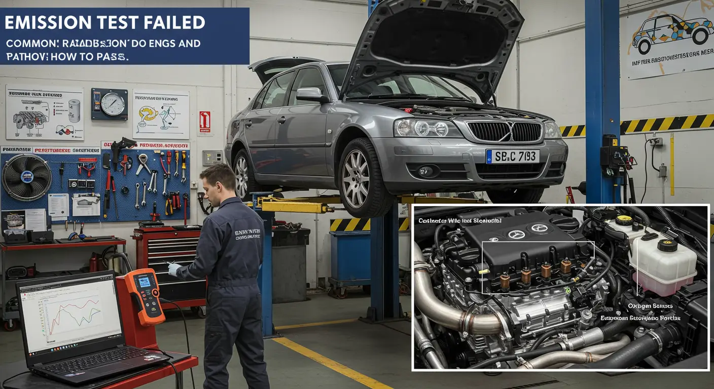 Imagine care arată un mecanic auto verificând motorul unei mașini în timpul unui test de emisii, subliniind motivele comune pentru care mașinile nu trec testul de emisii și oferind soluții pentru a obține un rezultat pozitiv.