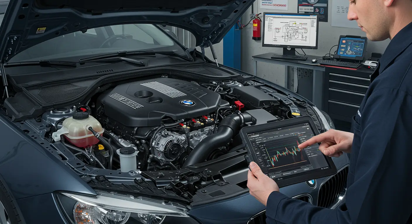 Imagine care arată un mecanic auto verificând un sistem de injecție de combustibil diesel, utilizând un scaner de diagnostic pentru a identifica problemele de performanță ale motorului.