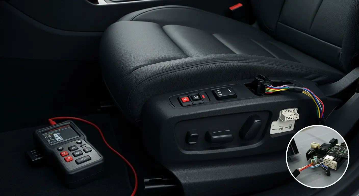 Imagine care arată un tehnician auto diagnosticând sistemul de memorie al scaunului unei mașini, utilizând un scaner electronic pentru a identifica și remedia problemele de funcționare.