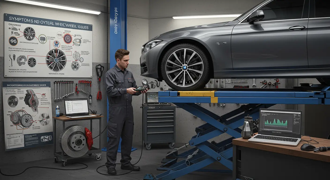 Imagine care ilustrează diagnosticarea problemelor cu jantele din aliaj, prezentând un mecanic auto care examinează jantele unei mașini în atelier, cu uneltele necesare pentru identificarea simptomelor și soluțiilor potențiale.