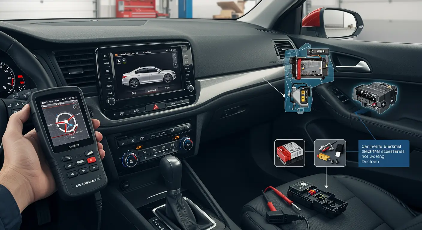 Imagine care ilustrează interiorul unei mașini cu focus pe accesoriile electrice, cum ar fi radioul și sistemul de climatizare, însoțită de text explicativ privind cauzele posibile pentru defecțiuni și soluții de remediere.