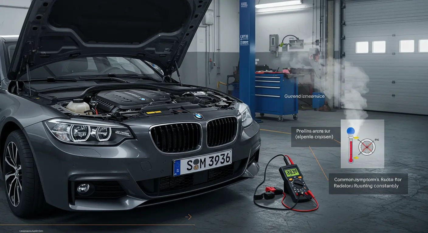 Imagine care ilustrează simptomele comune și soluțiile pentru funcționarea constantă a ventilatorului radiatorului autoturismului, prezentând un motor cu ventilator în mișcare și elemente de text explicative în română.