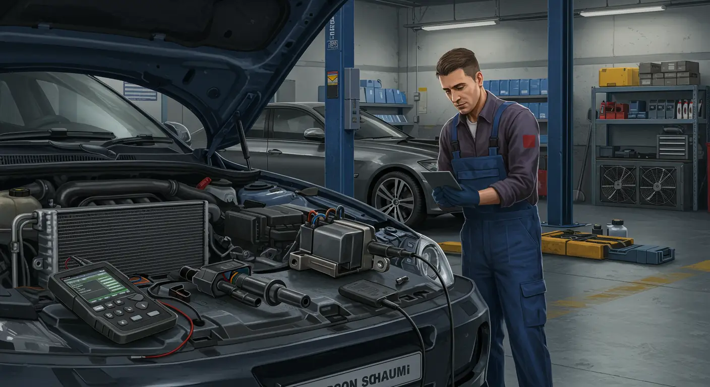 Imagine care ilustrează simptomele și reparația unei bobine de aprindere defecte, cu un mecanic auto inspectând componentele motorului și un grafic explicativ al problemelor comune, cum ar fi rateurile motorului și pornirea dificilă.
